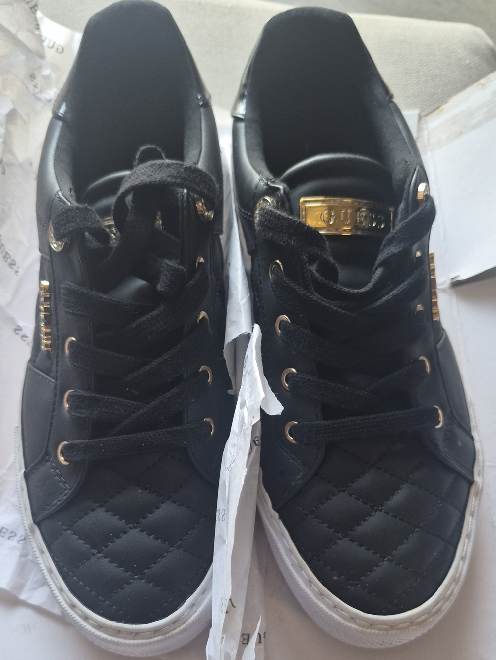 Guess Quilted Black Sneakers with Gold Hardware